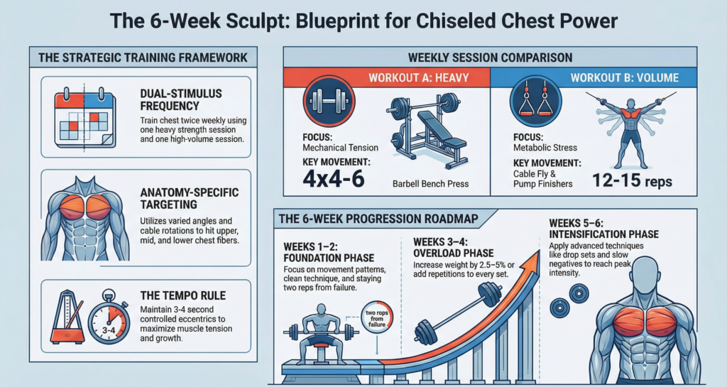 Infographic showing a 6-week chest workout blueprint with heavy and volume sessions, chest anatomy targeting, tempo rules, and progression phases for building a chiseled, powerful chest.