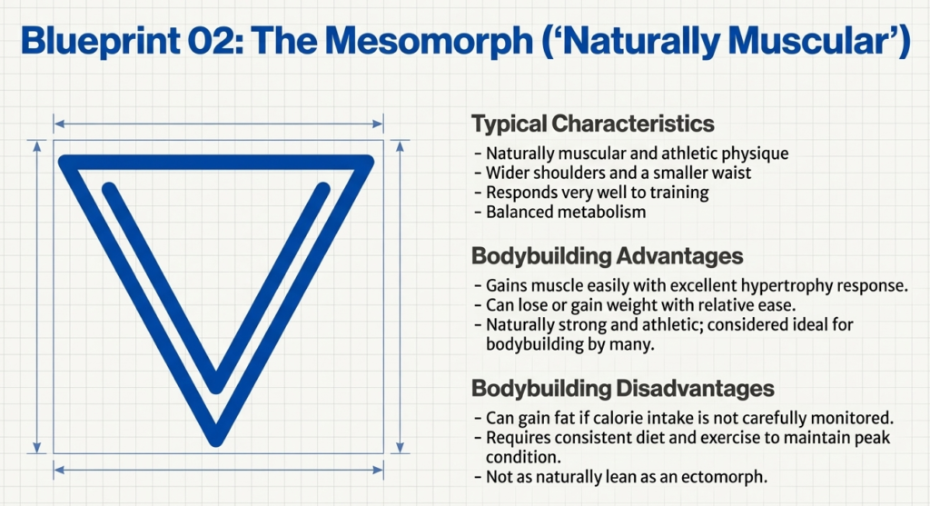 Mesomorph inverted triangle symbol with text listing features and bodybuilding insights