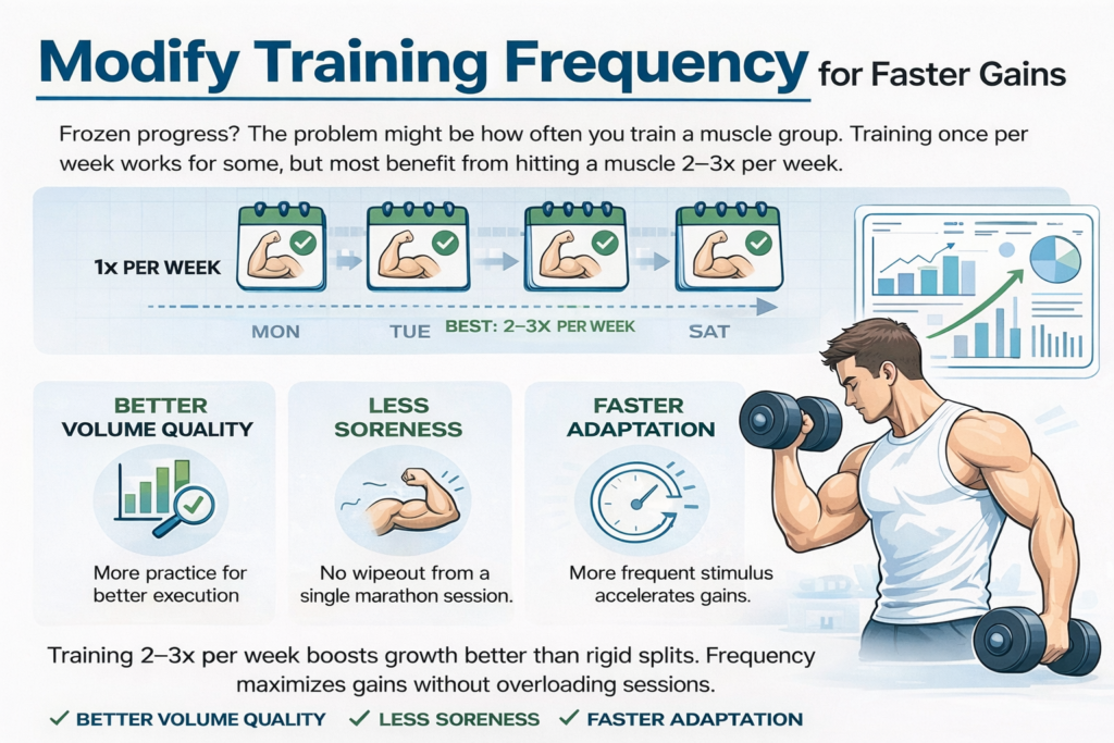 Infographic showing how training a muscle 2–3 times per week improves growth, recovery, and adaptation compared to once-weekly training
