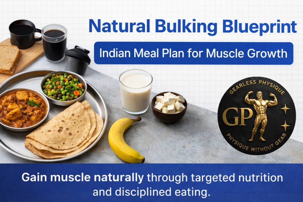 Indian non-vegetarian bulking meal plan banner showing chicken, chapati, milk, paneer, banana, and Gearless Physique branding