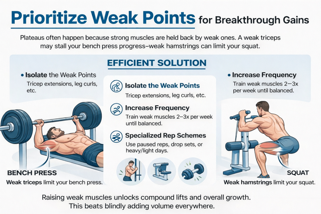 Infographic showing how weak triceps limit bench press and weak hamstrings limit squats, with strategies to isolate weak points and increase training frequency