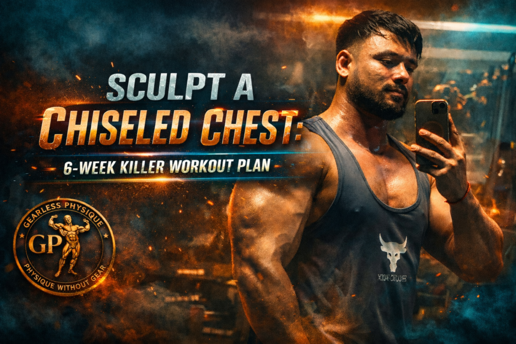 Cinematic gym banner featuring a muscular athlete taking a mirror selfie, showcasing a chiseled chest under teal and orange lighting for a 6-week chest workout plan.