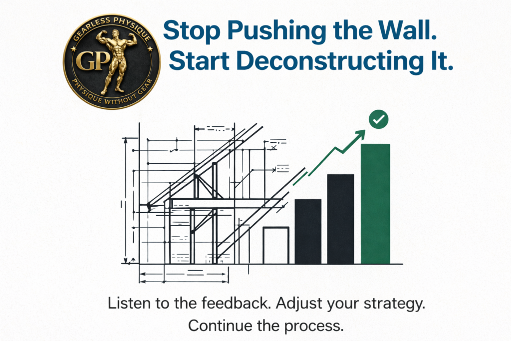 Gearless Physique infographic showing a strategic training blueprint, rising progress bars, and a control-based approach to breaking plateaus through smarter adjustments