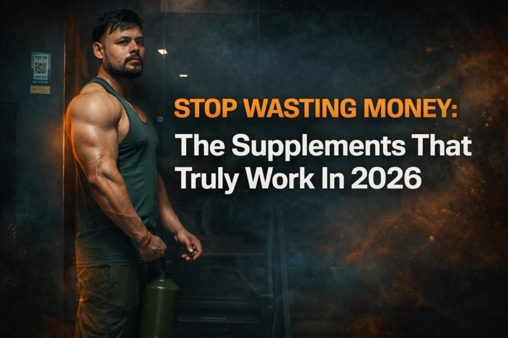 Cinematic fitness banner featuring a muscular man in a gym with teal and orange lighting, alongside bold text highlighting effective supplements in 2026