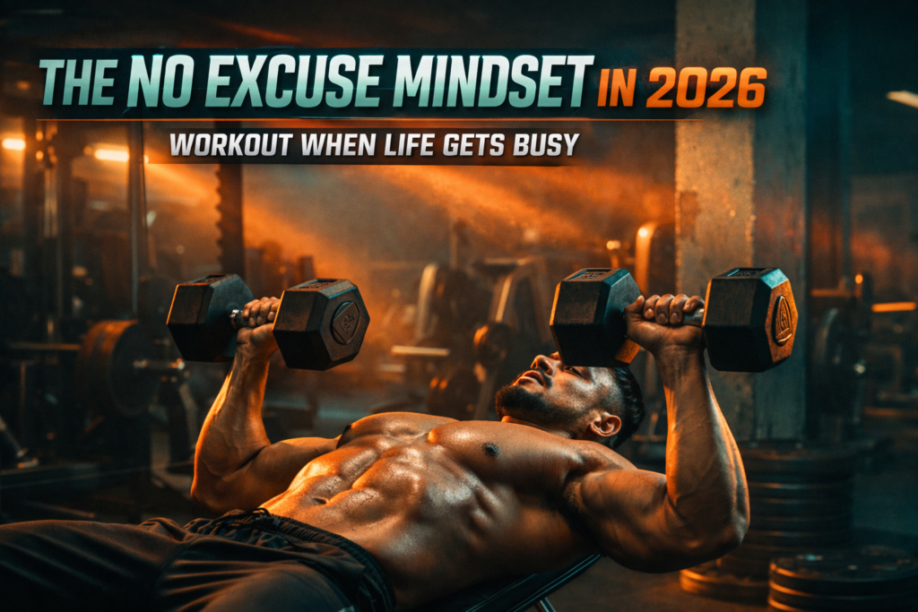 Cinematic fitness banner showing a muscular man performing dumbbell bench press in a dark gym, representing the no excuse mindset and training consistency despite a busy life.
