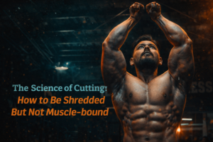 Dark cinematic banner featuring a shredded muscular physique under teal and orange lighting representing a science-based cutting approach focused on fat loss without muscle loss