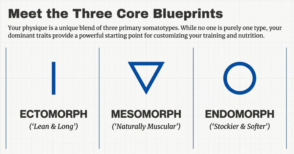 Graphic showing symbols and labels for Ectomorph, Mesomorph, and Endomorph body types