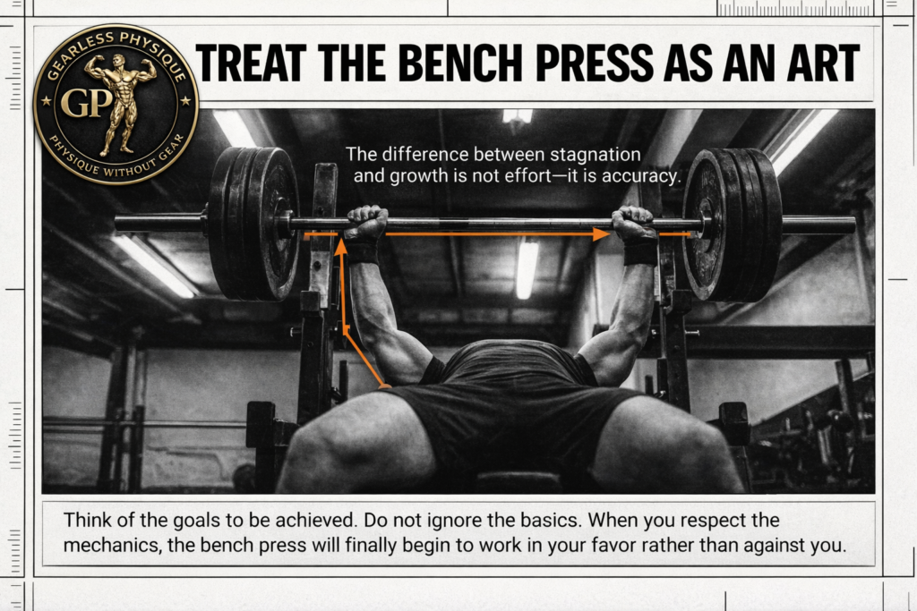 Black and white bench press image showing correct bar path with orange arrows, emphasizing precision, accuracy, and proper mechanics for long-term strength gains.