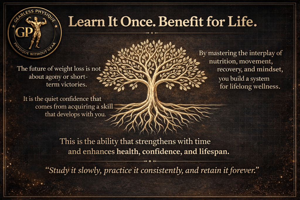 Gearless Physique branded illustration showing a rooted tree symbolizing sustainable weight loss as a lifelong skill built through nutrition, training, recovery, and mindset.