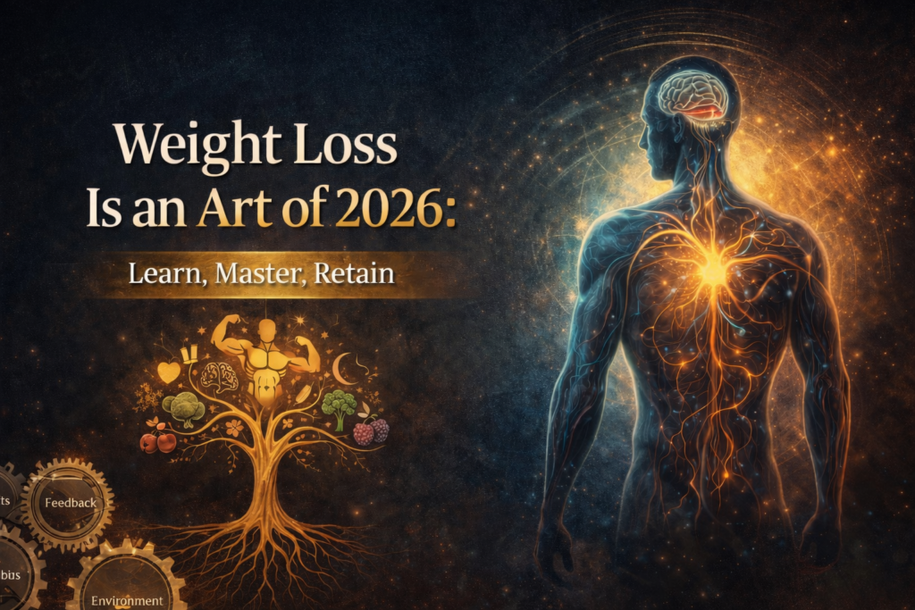 Cinematic digital banner illustrating weight loss as a lifelong skill, featuring a glowing human figure, neural and circulatory elements, and a symbolic tree representing growth, habits, and sustainability.