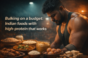 Side profile of a muscular Indian man in a gym with high-protein Indian foods, representing budget-friendly bulking