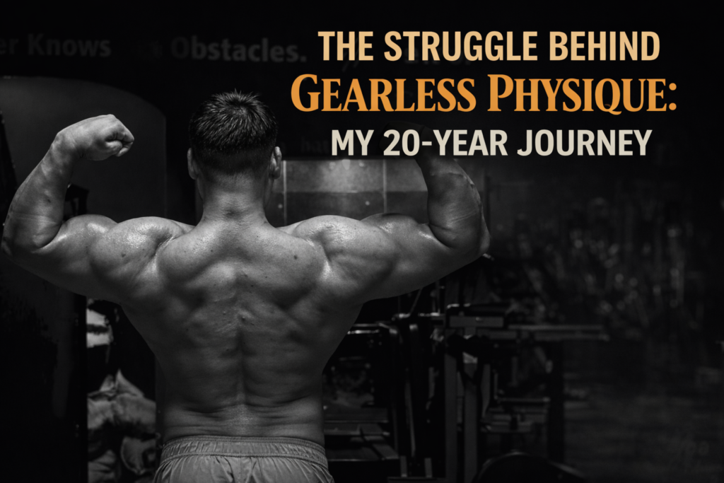 Black and white banner image of a muscular man flexing his back in a gym, representing the long struggle, discipline, and resilience behind the Gearless Physique 20-year fitness journey.