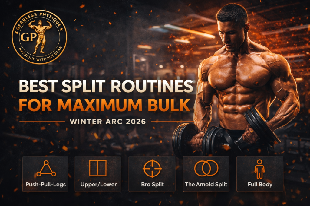 Best split routines for maximum bulk in Winter Arc 2026 using push pull legs, upper lower, bro split, Arnold split, and full body training