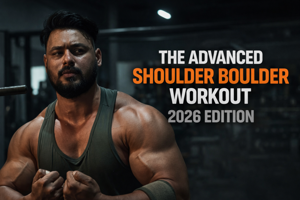 Advanced shoulder boulder workout banner featuring a muscular athlete in a gym, highlighting capped delts and upper-body strength for the 2026 shoulder training program