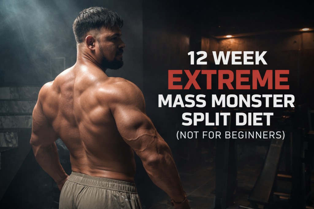 Back-pose physique banner featuring a muscular athlete showcasing realistic mass and thickness, representing the 12-Week Extreme Mass Monster Split Diet for advanced trainees