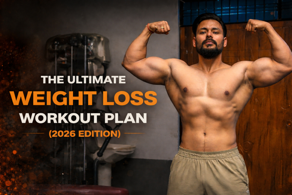 Fitness banner featuring a muscular man posing with enhanced natural definition, promoting the Ultimate Weight Loss Workout Plan 2026 with strength training focus and Gearless Physique branding.