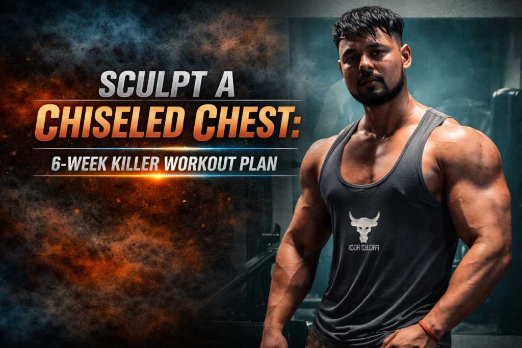 Muscular man in gym wearing a tank top, showcasing chest and arm definition with cinematic teal and orange lighting promoting a 6-week chest workout plan