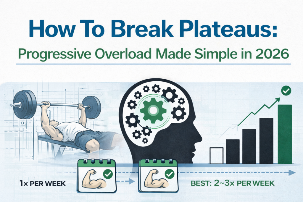Banner image illustrating progressive overload concepts including strength training, mental strategy, training frequency, and long-term muscle growth in 2026