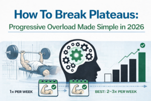 Banner image illustrating progressive overload concepts including strength training, mental strategy, training frequency, and long-term muscle growth in 2026