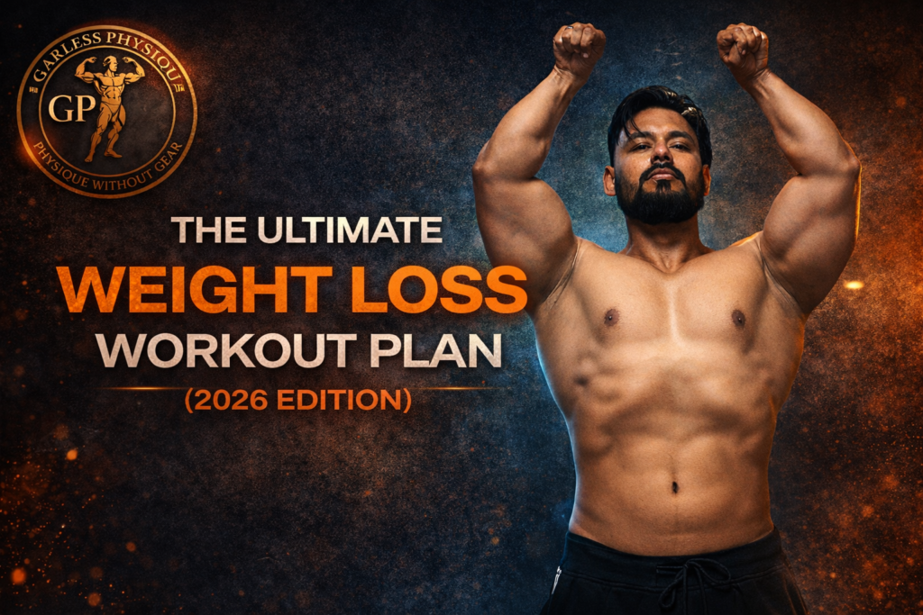 Fitness banner featuring a muscular athlete with the Gearless Physique logo, promoting the Ultimate Weight Loss Workout Plan 2026 focused on strength training, recovery, and sustainable fat loss.