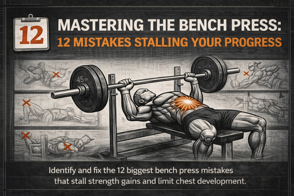 Bench press educational banner showing common technical mistakes, incorrect positions, and highlighted chest activation, explaining why bench press progress stalls and how to fix it.