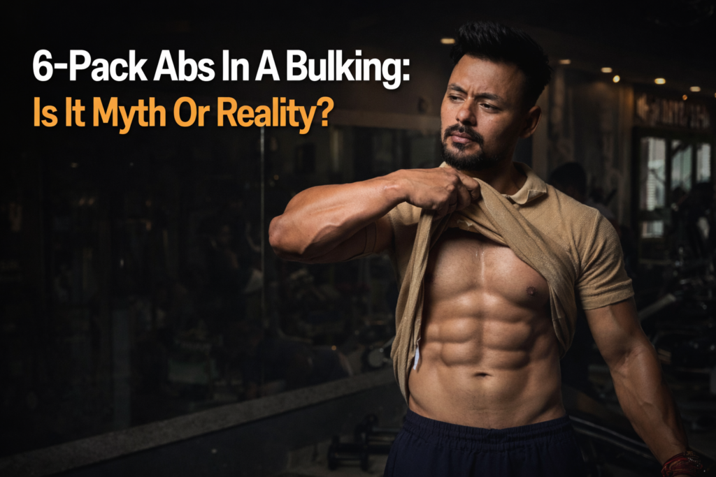 Fitness banner showing a muscular man in a gym revealing defined abs during bulking, questioning whether a six-pack is realistic while gaining muscle