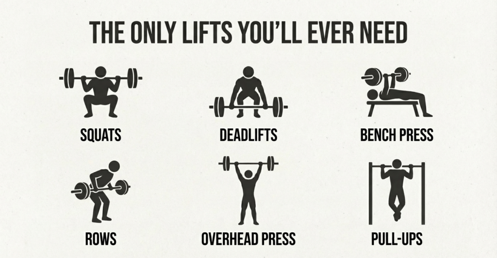 compound exercises for ectomorph muscle growth including squats deadlifts bench press rows overhead press and pull ups