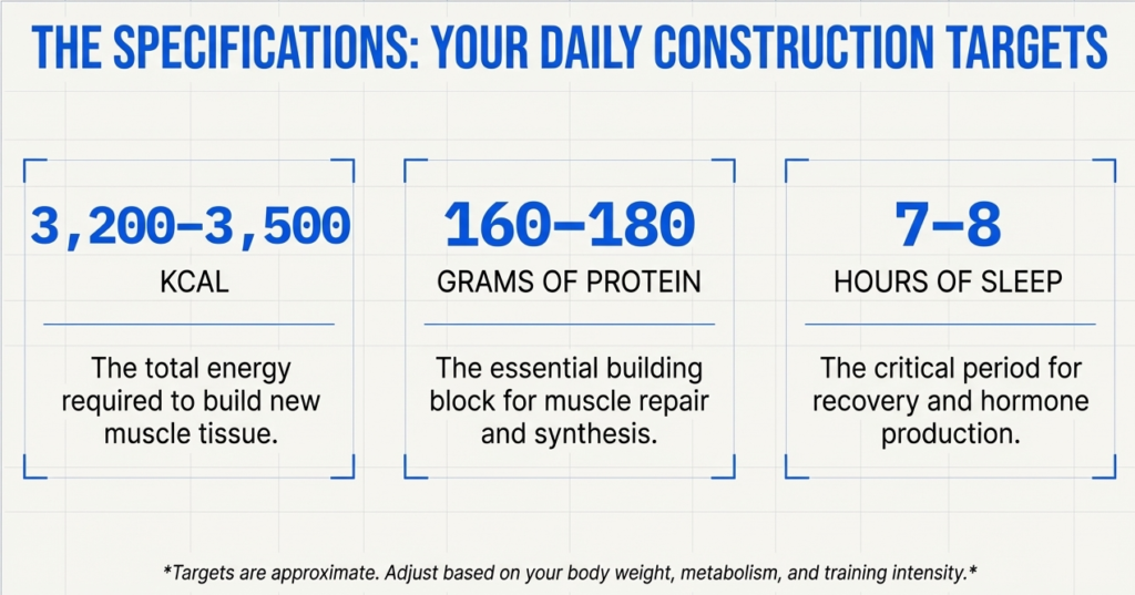 Daily bulking nutrition targets showing calories, protein intake, and sleep for natural muscle growth
