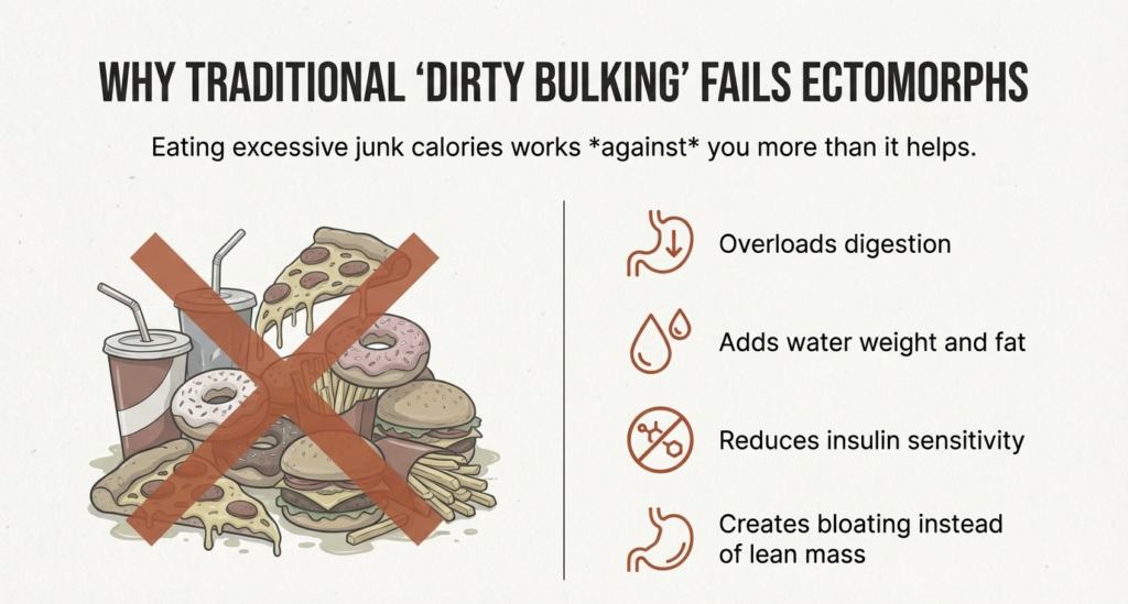 dirty bulking junk food causes fat gain and bloating in ectomorphs