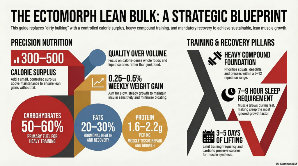 ectomorph lean bulk plan showing calorie surplus macros training and recovery strategy for muscle gain without fat