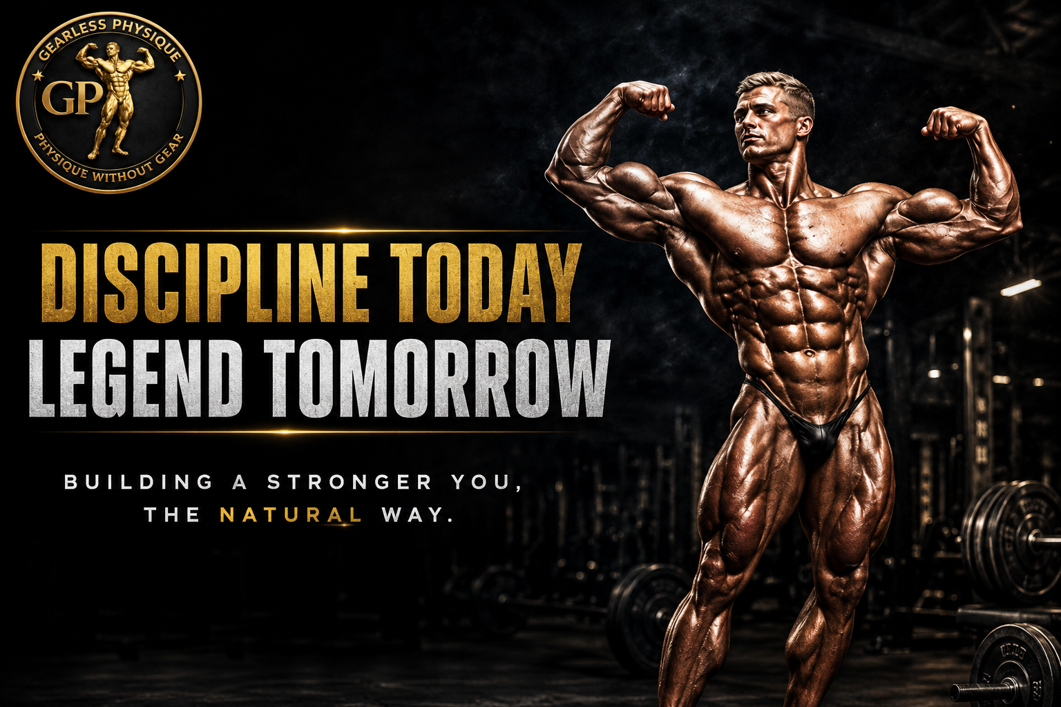 Gearless Physique natural bodybuilding brand logo with a motivational bodybuilder, representing discipline, sustainable muscle growth, and a drug-free fitness lifestyle.