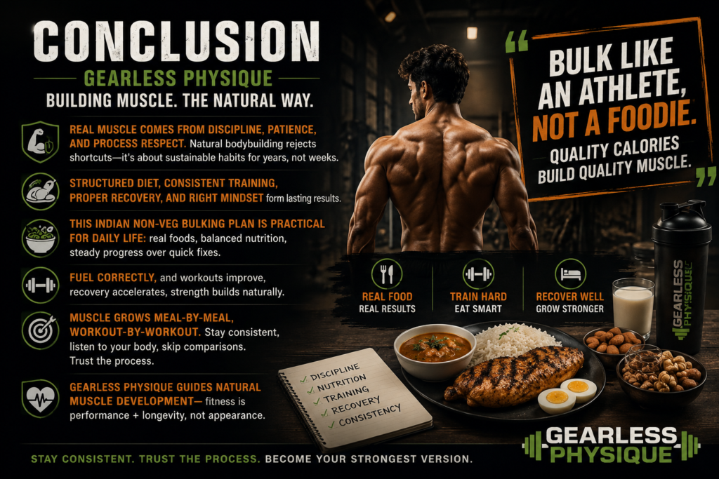 Gearless Physique conclusion infographic highlighting natural bodybuilding principles, disciplined nutrition, quality calories, training, recovery, and muscle growth