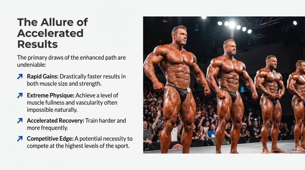 Enhanced bodybuilding stage physiques showing rapid muscle gains, extreme size, and accelerated recovery