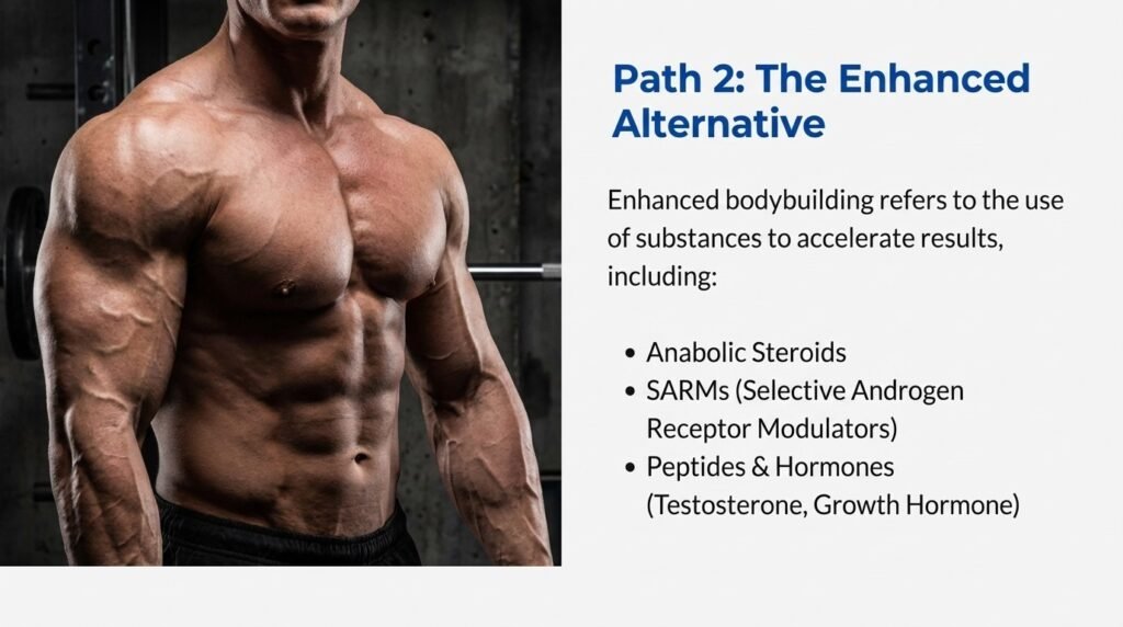 Enhanced bodybuilding physique showing extreme muscle size achieved through performance enhancing substances