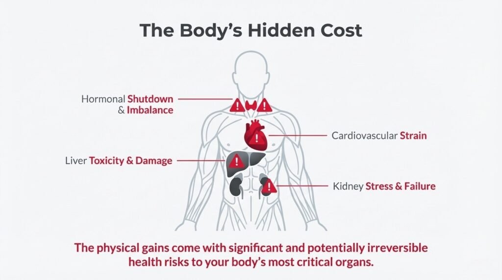 Health risks of enhanced bodybuilding showing hormonal imbalance, heart strain, liver damage, and kidney stress
