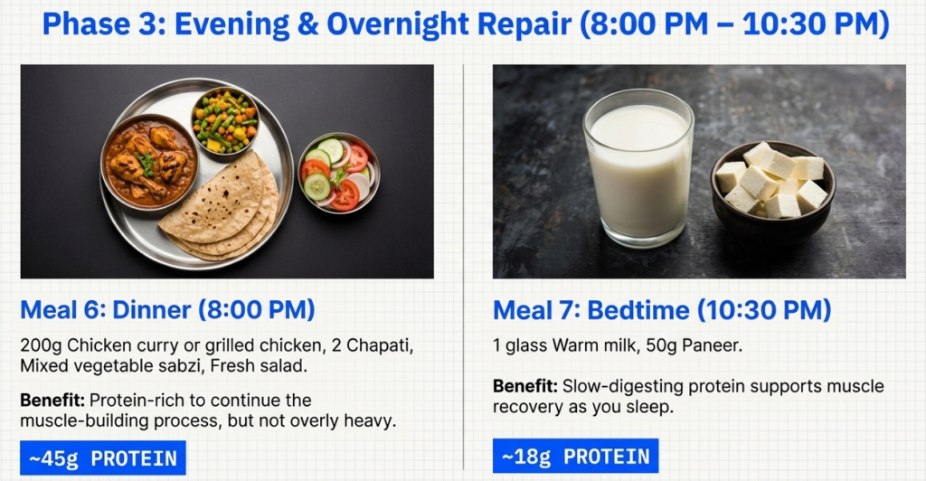 Indian non-vegetarian dinner and bedtime meal showing chicken curry, chapati, vegetables, milk, and paneer for overnight muscle recovery