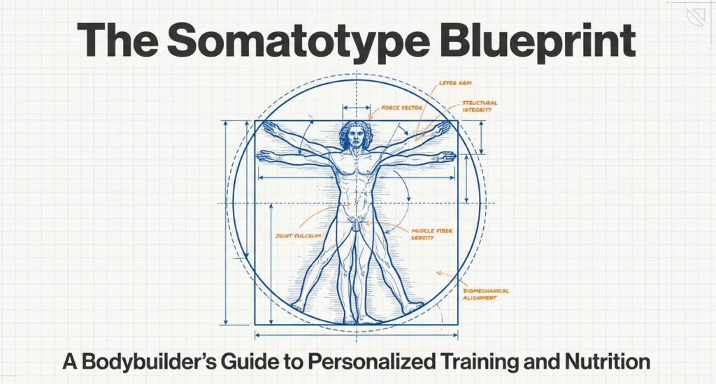 Blueprint drawing of a human figure with proportions and measurements titled “The Somatotype Blueprint”