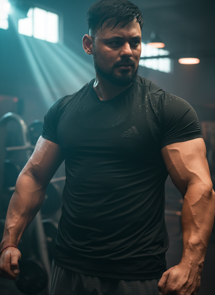 Aashish Rawat fitness coach posing in gym during strength training session fitness coach, coach