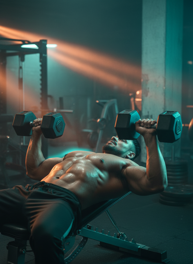 A bodybuilder performs the dumbbell press exercise on an incline bench
