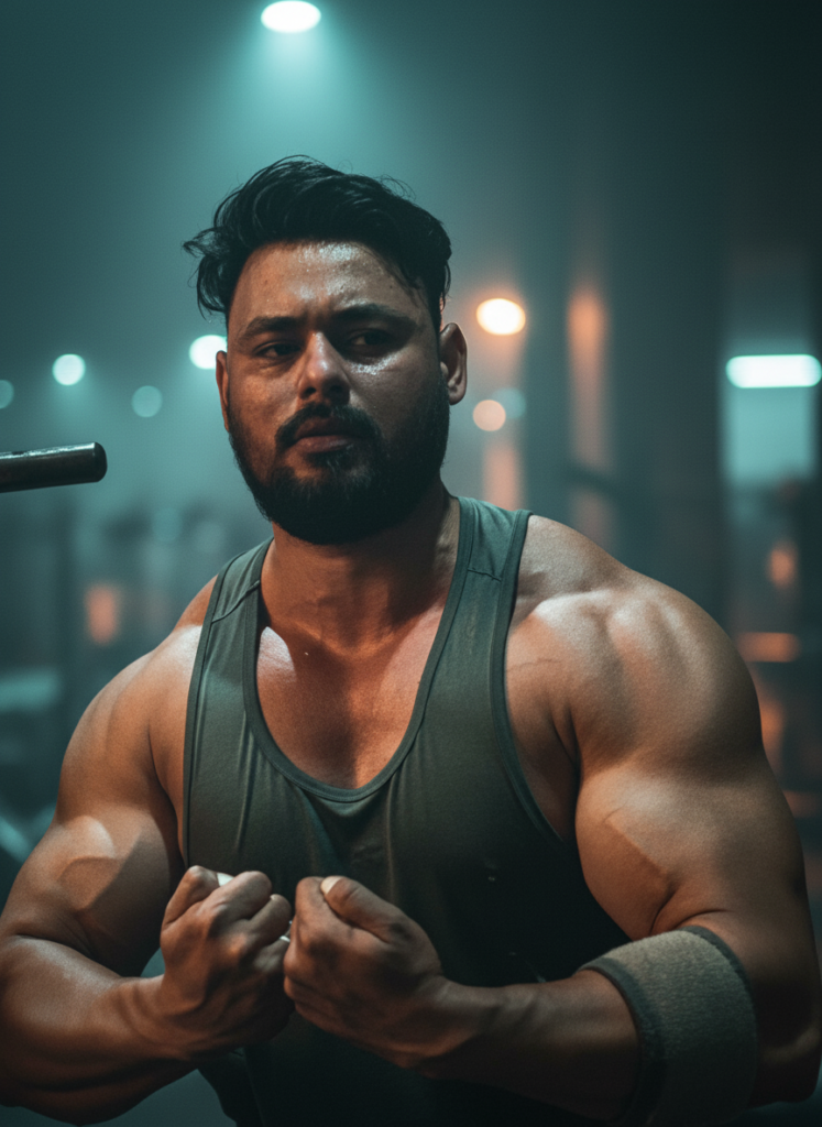 A bodybuilder performs the most muscular pose