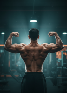 A bodybuilder performs the back double biceps pose