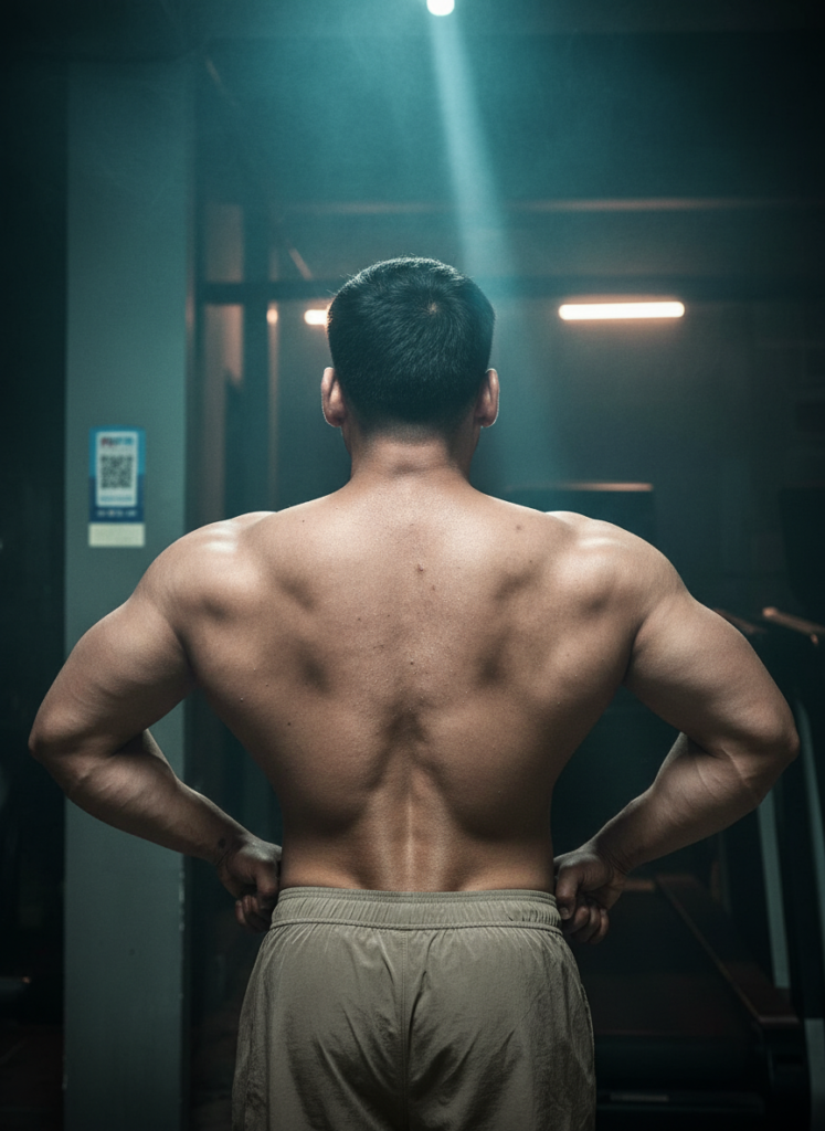 A bodybuilder performs the back lats spread pose