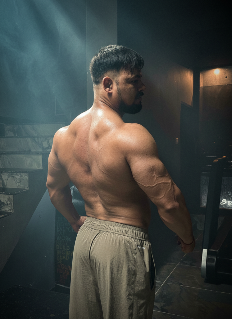 A bodybuilder shows his back