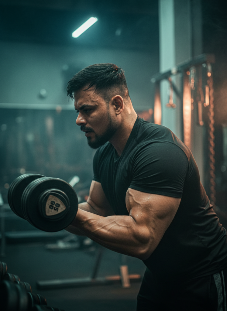 A bodybuilder performs the dumbbell spider curl exercise