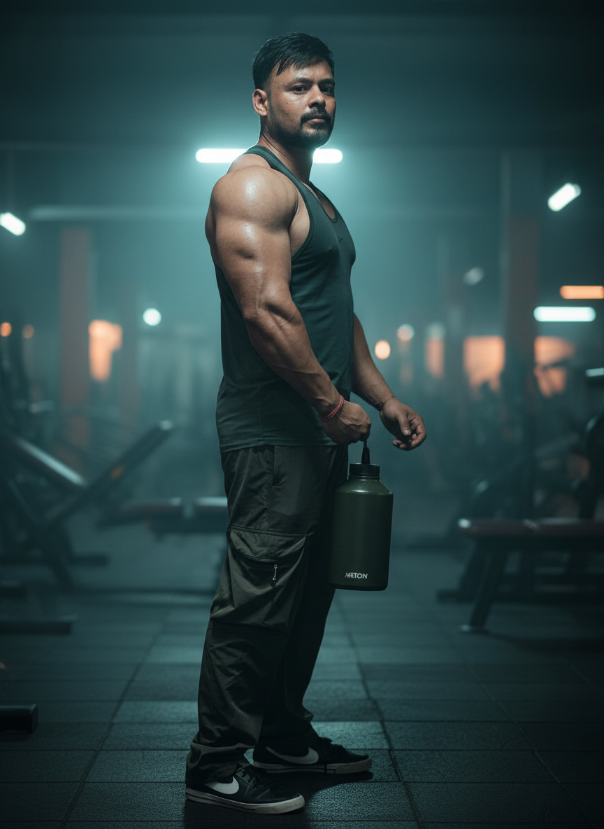 A bodybuilder standing in a gym shows his arms and delts and takes a gallon in his hand.