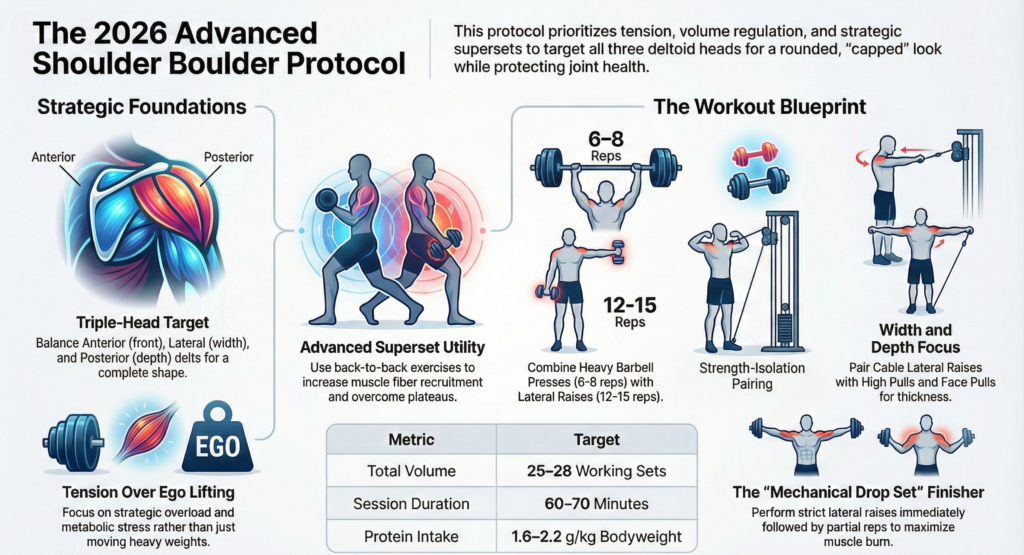 Infographic showing the 2026 advanced shoulder boulder workout protocol with supersets, deltoid anatomy, exercise pairings, rep ranges, total volume, and mechanical drop set finisher for capped shoulders