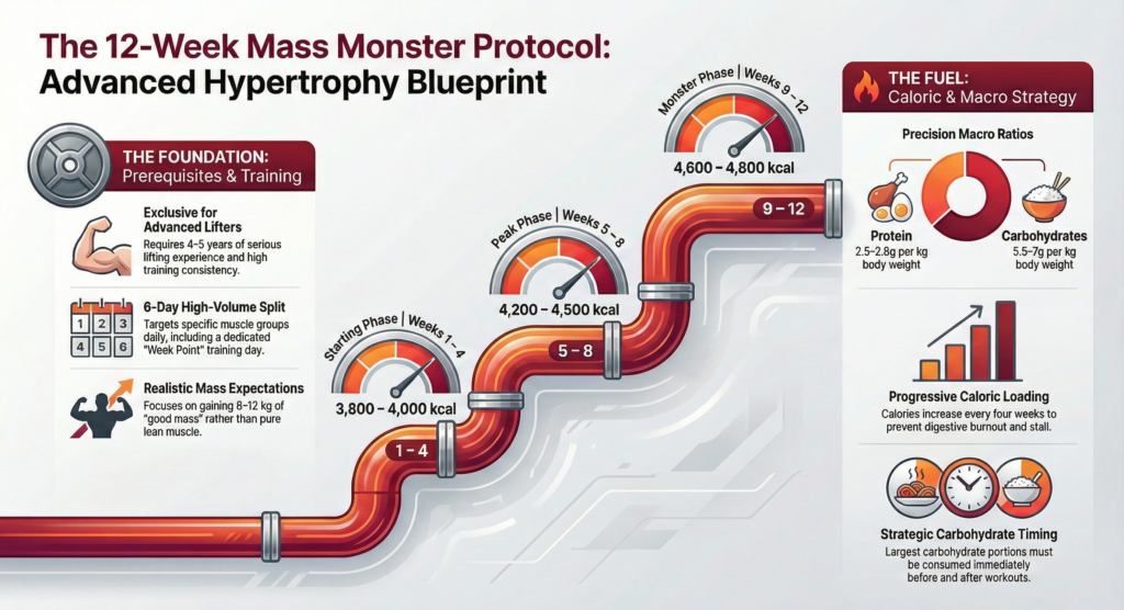 Infographic showing a 12-week mass monster diet plan with progressive calorie increase from 3,800 to 4,800 kcal, precision macros for protein, carbs, fats, and a 6-day high-volume hypertrophy training split designed for advanced lifters