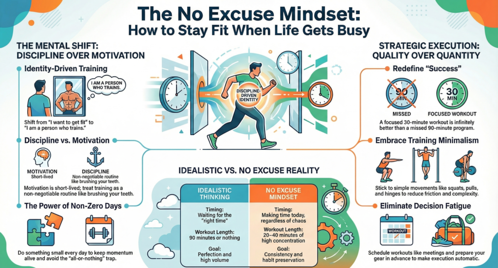 Infographic explaining the No Excuse mindset for fitness, showing discipline over motivation, short focused workouts, training minimalism, and strategies to stay consistent when life gets busy.