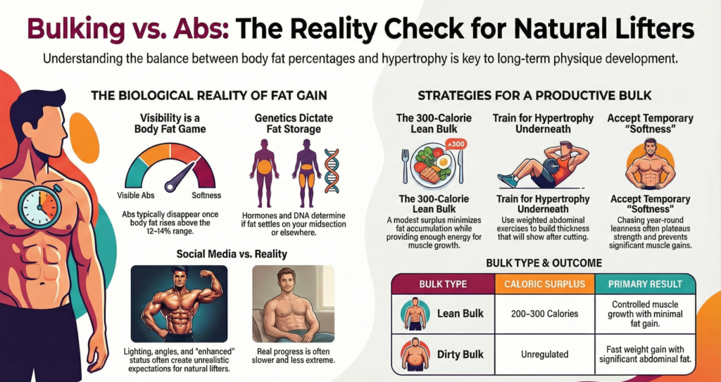 Infographic explaining why visible abs fade during bulking, showing body fat levels, genetics, lean bulk strategies, and the difference between lean bulk and dirty bulk for natural lifters