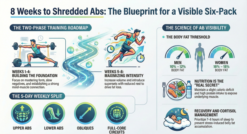 8 week shredded abs program infographic workout nutrition recovery